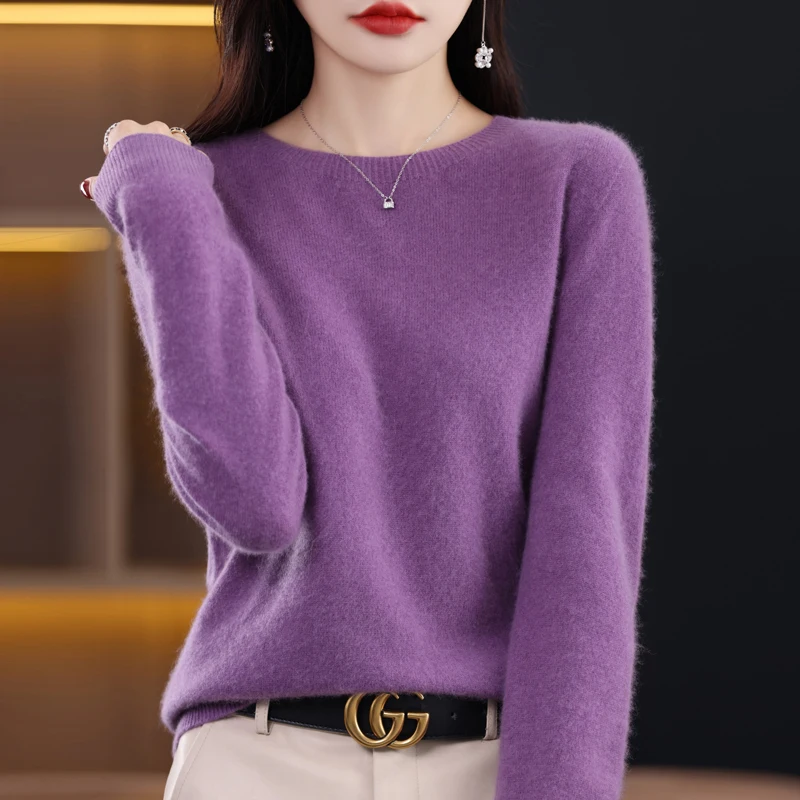 100% Pure Wool Women's Sweater O-Neck Knitted Pullover Cashmere Long Sleeve Underlay Korean Fit Fashion Women's Top 3