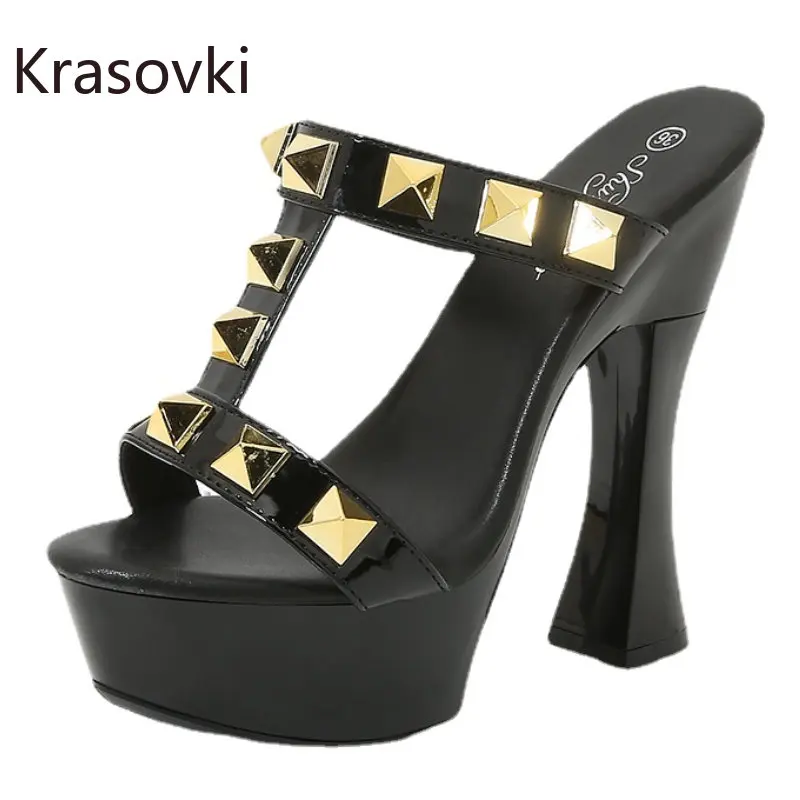 

Krasovki 14cm PU Synthetic Sandals Shoes Summer Women Roman Gothic Punk Gladiator Slippers Single Sexy Nightclub Punk Catwalk