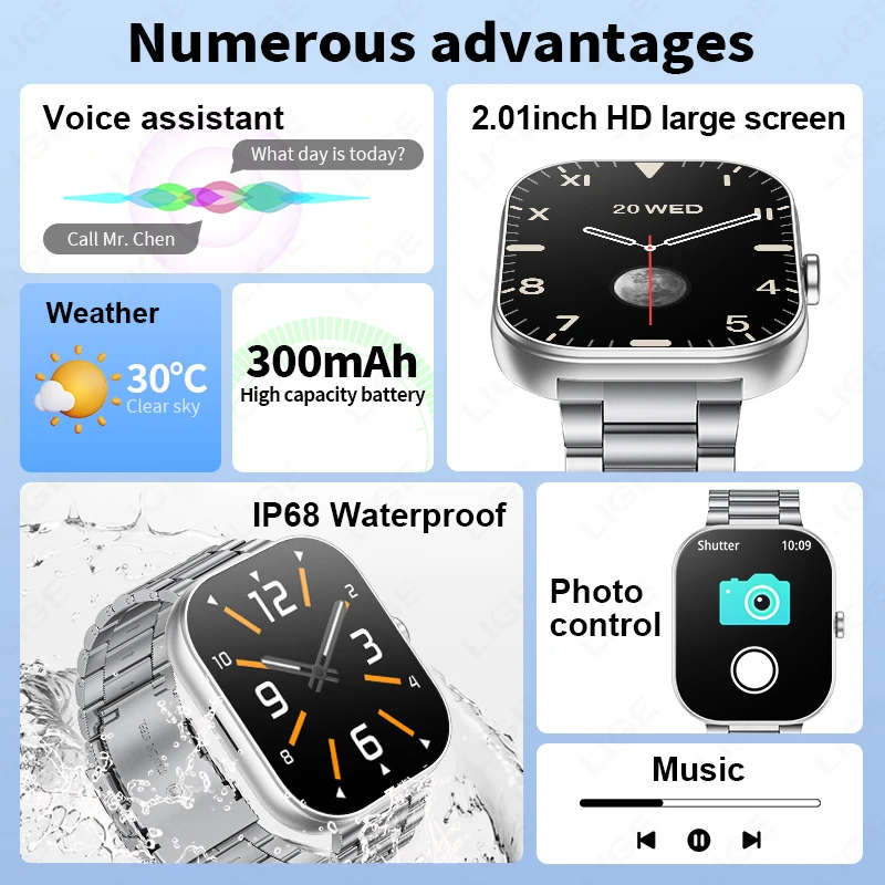 LIGE Men Smart Watch 2.01 inch Bluetooth Call Women Voice Assistant Heart Rate Monitor Sleep Tracker Smartwatch For Android IOS
