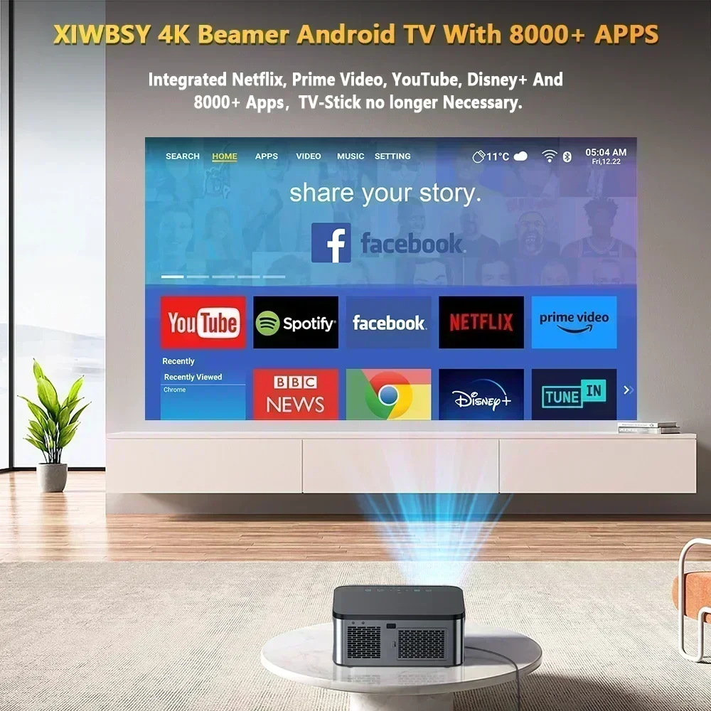 XIWBSY 8K Android Projector 25000Lumens Wifi6 Full HD 1080P