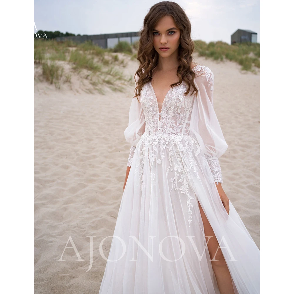 

White Tulle Wedding Dress V Neck Brides Wedding Dresses for Bride 2024 Long Sleeve Elegant Gown Women's Luxury Party Dress Woman