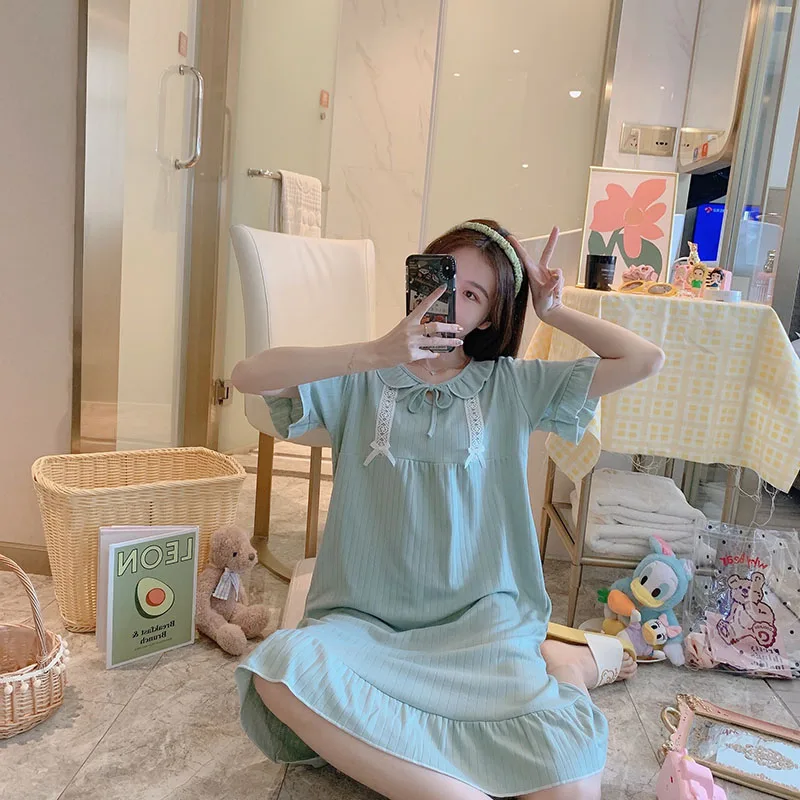 Sanderala Cotton Women Cute Nightdress Ruffle Sleepwear Plue Size Ladies Lingerie Nightdress Soft Thin Female Underwear Night