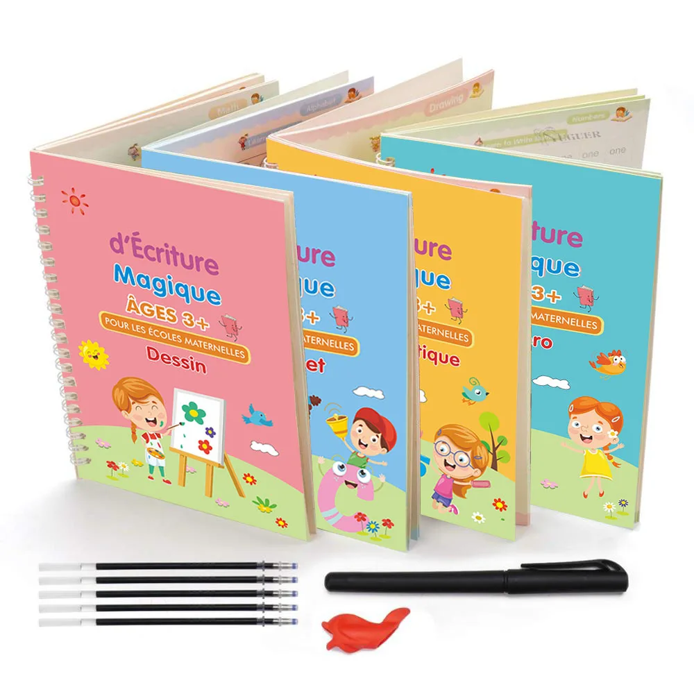4pcs French Magic Practice Copybook Pen Preschools Kids Calligraphy Notebook Children Reusable Français Writing Book Age 3-8