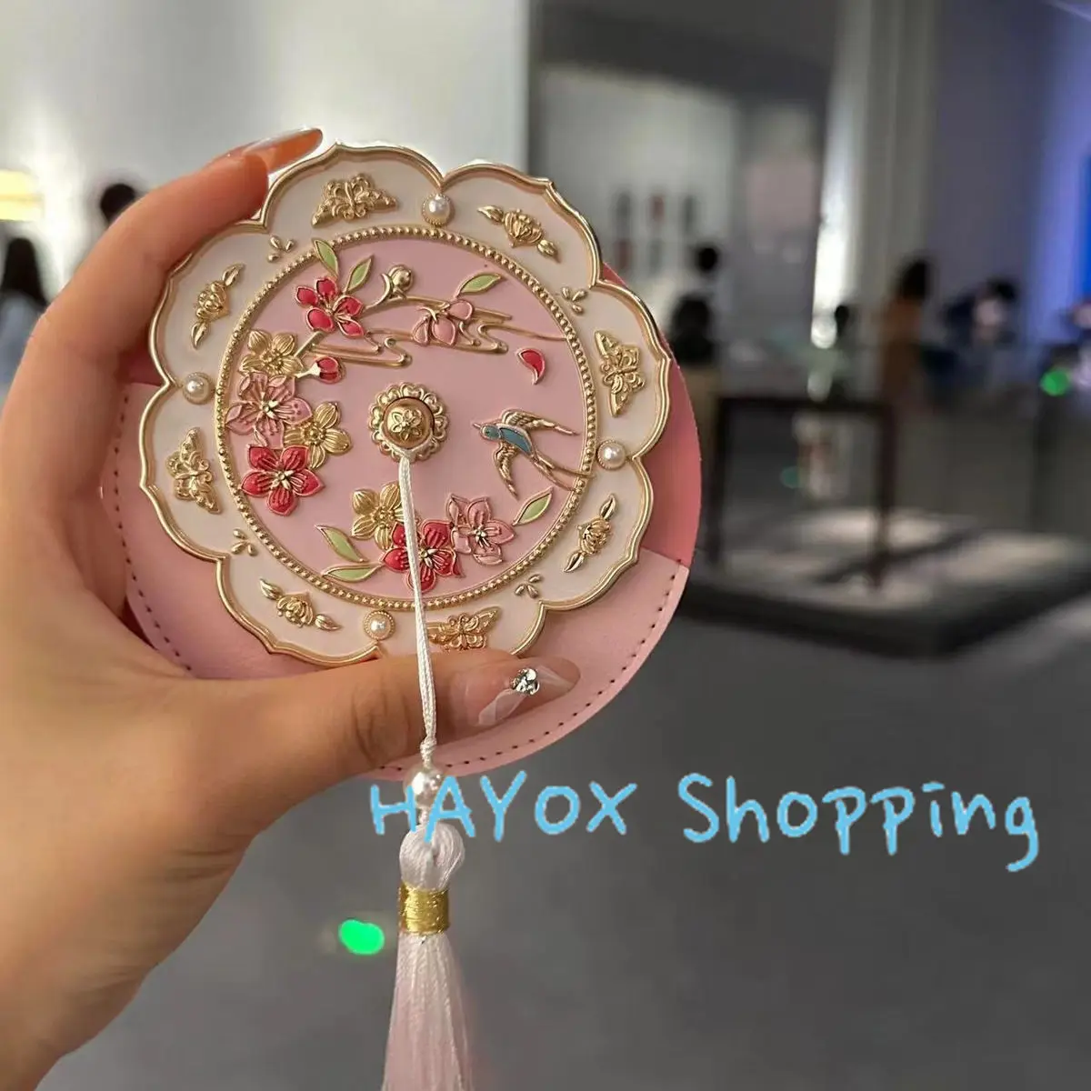 3D Steric Peach Blossom Handle Mirror，Chinese-style Handheld Mirror Textured Butterfly Metal Cosmetic Flower Makeup Mirror