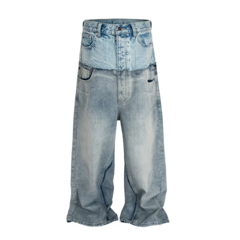 HKSH Spring Autumn New Men's Tide Punk Ripped Denim Pants Women's Spliced Double Layer Waist Baggy Jeans Streetwear Chic  HK3747 4