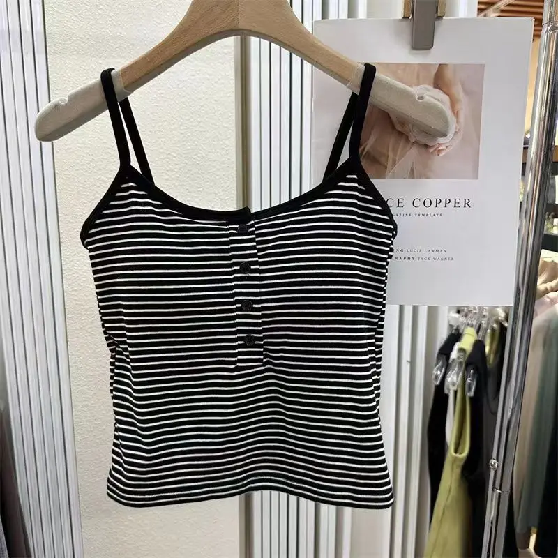 White Stripe Slim Fit Cami Top with Chest Pad