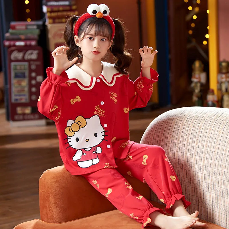 

Hello Kitty Anime Cartoon Pajamas Sanrio Kawaii Cute Children's Autumn Winter Pure Cotton Thin Style Home Clothes Suit Girl Gift