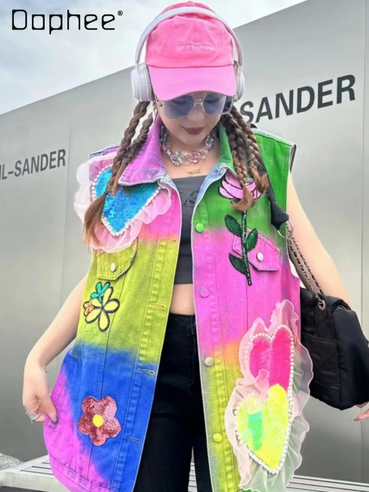 

Модный брендовый джинсовый жилет с граффити для женщин, Новинка весна-лето 2024, изысканный свободный облегающий жилет с кружевом Стразы Love, Женское пальто