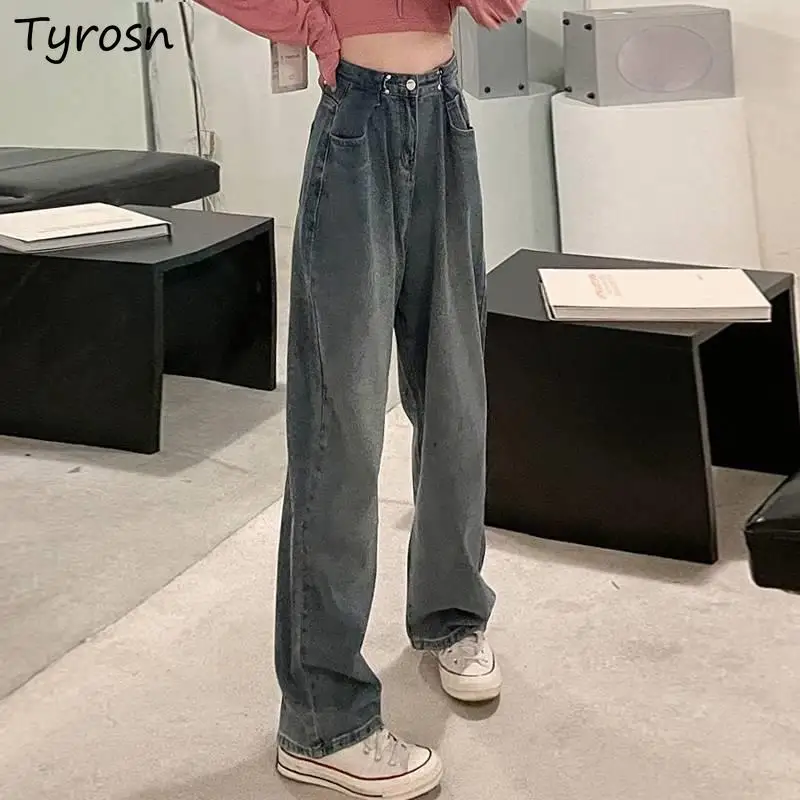 

Jeans Women Retro Mopping Wide-leg Jean Streetwear Adjustable Waist Button Fly Denim Trousers Mujer Korean Fashion Chic Clothing
