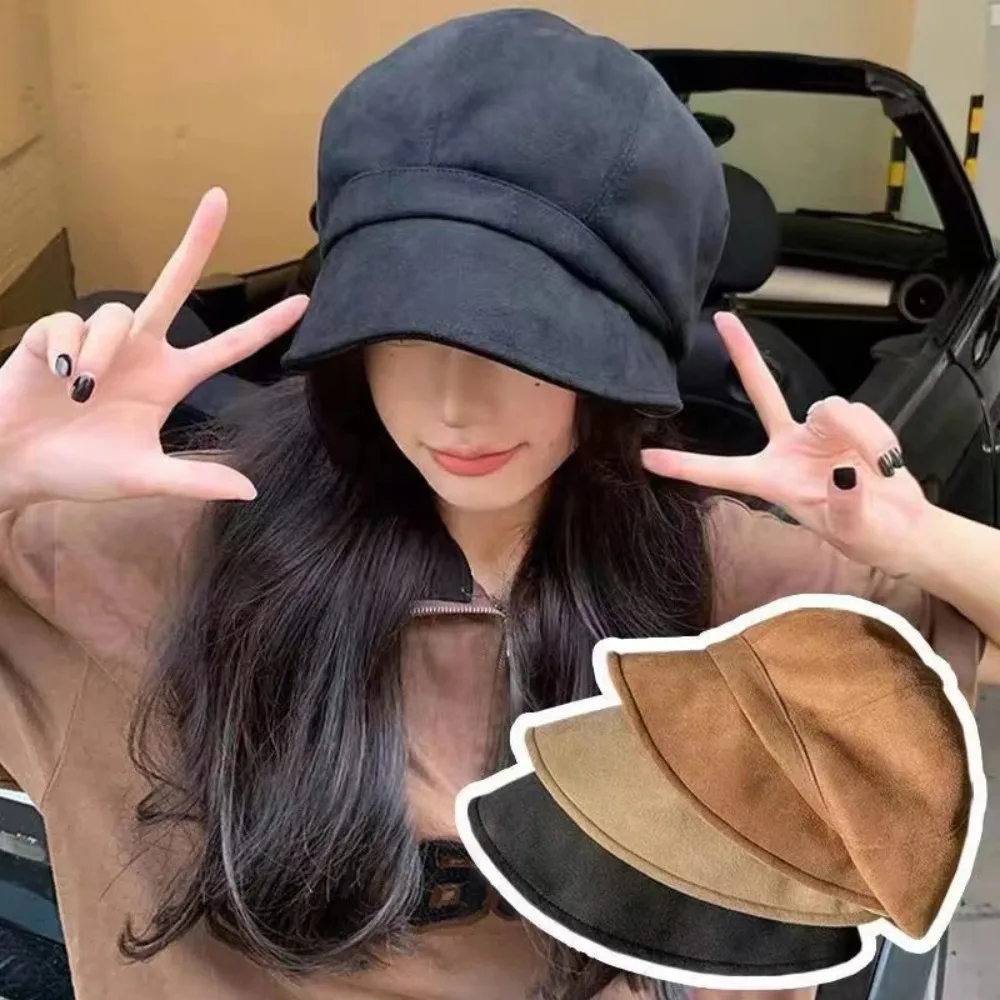 Retro Newsboy Cap Women Autumn Winter Suede Octagonal Caps for Girl Solid Color Artist Painter Hat 베레모