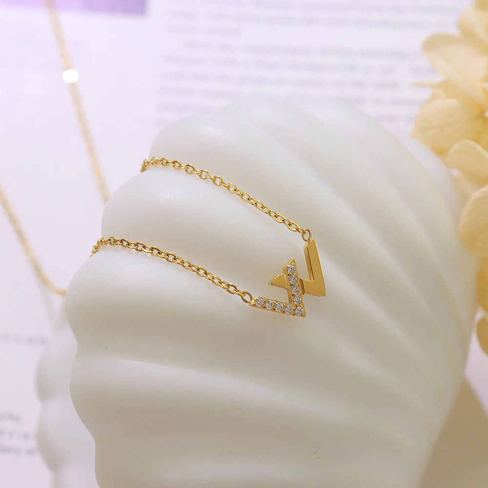 Trendy Stainless Steel Double Letter V Chain Necklace Cubic Zircon