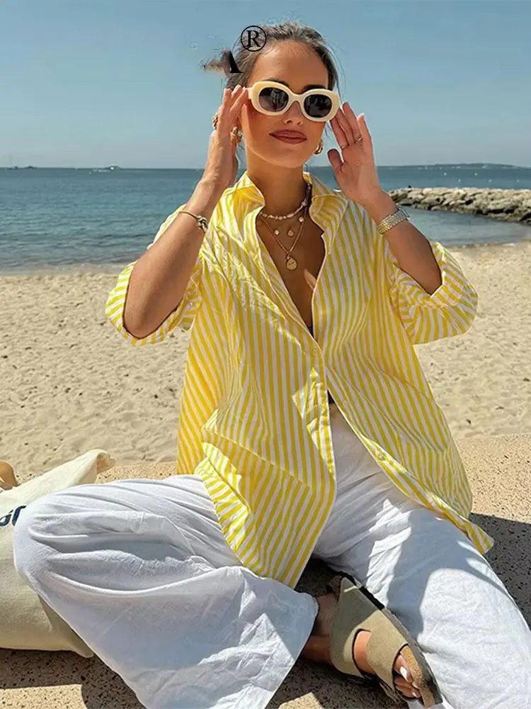 HH Women Yellow Stripe Blouse Pant Suit Loose  Long Sleeve Shirt Drawstring Trousers 2024 Female Fashion Streetwear Outfits