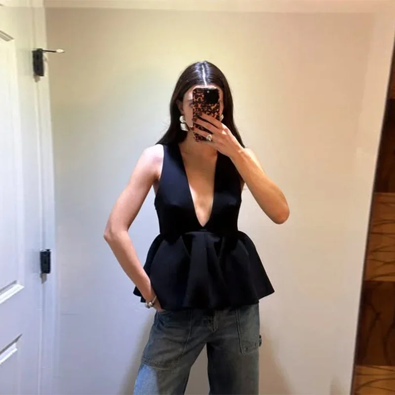 Black Elegant Pant Suit Women V-neck Sleeveless Ruffles Tank Tops Loose Trouser Female 2 Pieces 2025 Fashion Lady Outfits New
