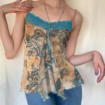 Vintage Women Summer Contrast Print Spaghetti Straps Irregular Ruffled Camisole Sexy Slim Backless Lace Patchwork Tank Tops