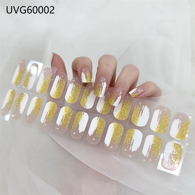 Modelones Champagne Gold Semi-Cured Gel Nail Polish Strips 20pcs Full Nail Wraps Nail Art Stickers DIY with Nail File & Stick UV/LED Lamp Required