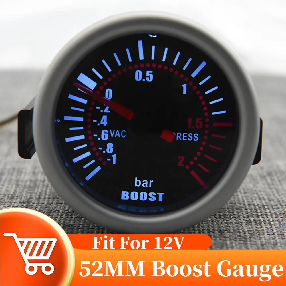 Universal 12V Auto Car 52mm Smoke Len Pointer Boost Gauge -1~0~2 BAR Turbo Boost Meter White LED PSI Turbo Pressure Gauge