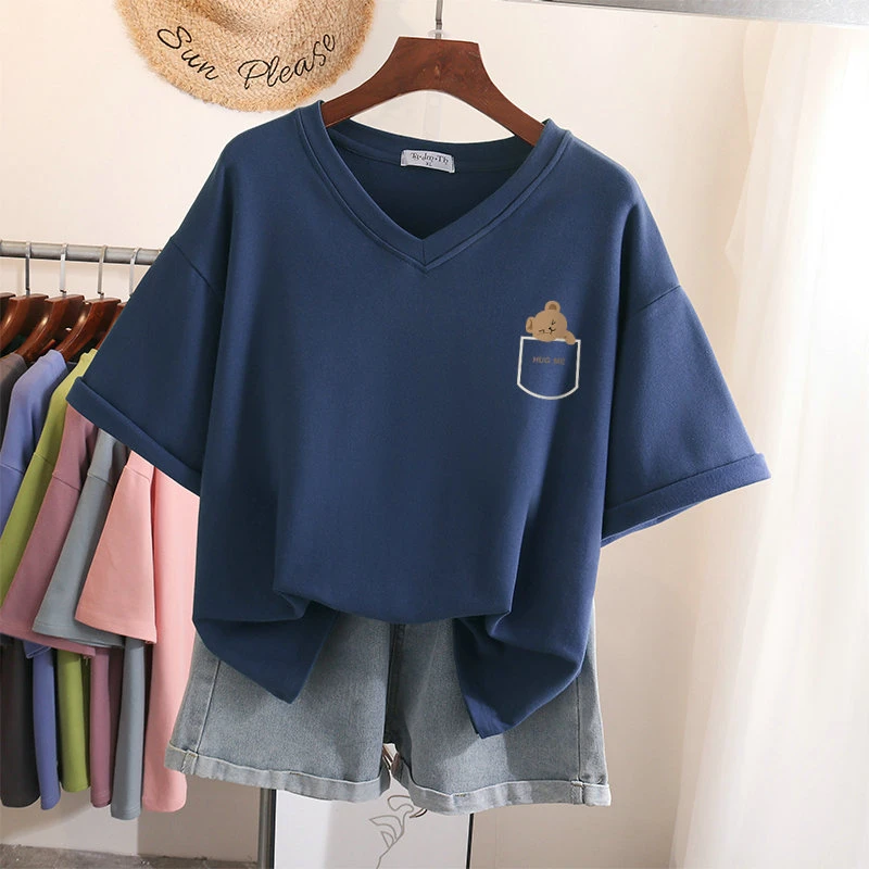 

Cotton L-5XL T Shirt Plus Size Tshirt Short Sleeve 200lbs Women Men Top Summer Cartton Bear Couple V Neck Oversized T Shirts