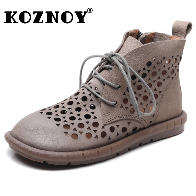 

Koznoy 2cm Genuine Leather Sandals Natural Boots Women Hollow Chimney Ankle Booties Motorcycle Moccasins Fashion Summer Shoes