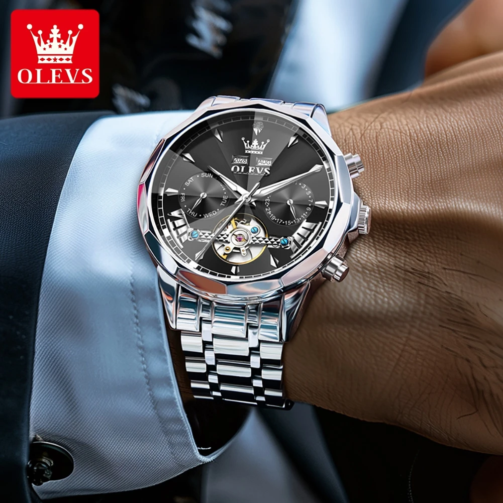 OLEVS 6619 Mechanical Watch For Men Auto Date Rhombus Mirror Hollow Luxury Man Watches Waterproof Luminous Fashion Wristwatch