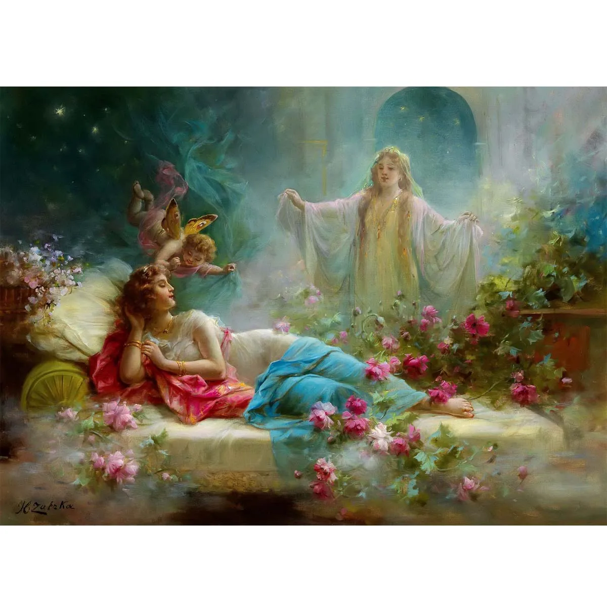 

Hans Zatzka Painting.A dream,Hand painted high quality reproduction, Canvas Painting Wall Art,House decoration picture