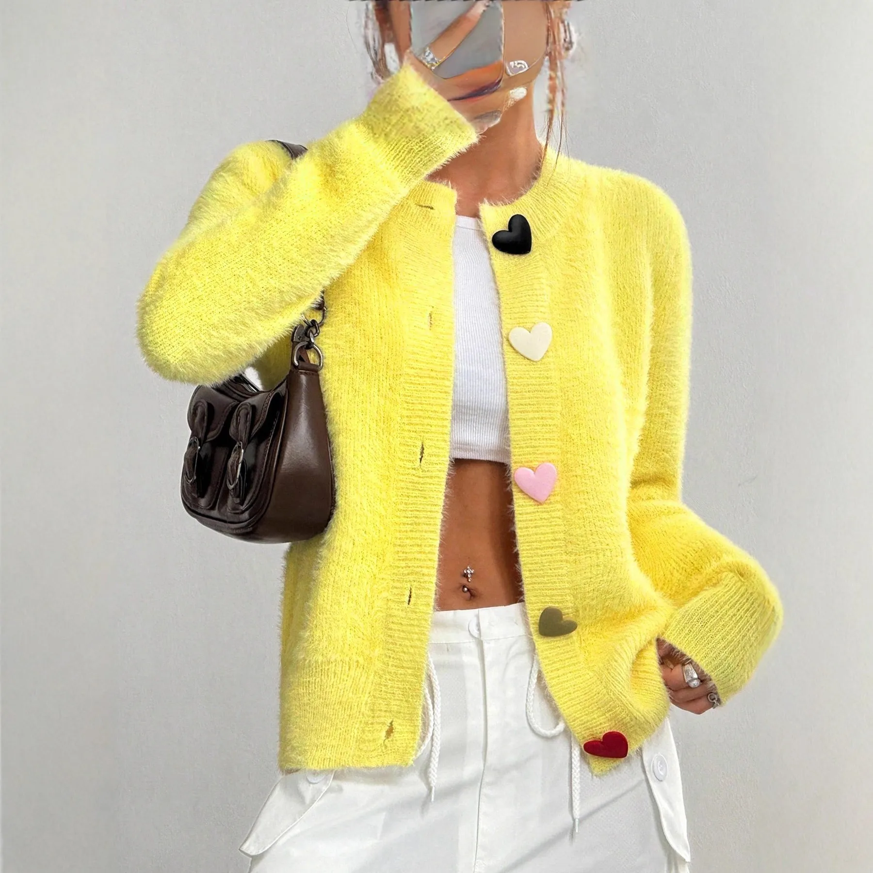 Femmes flou jaune Cardigan coloré coeur boutons à manches longues décontracté automne hiver pull hauts tricot pull 2025 tricots tenues – Image 4