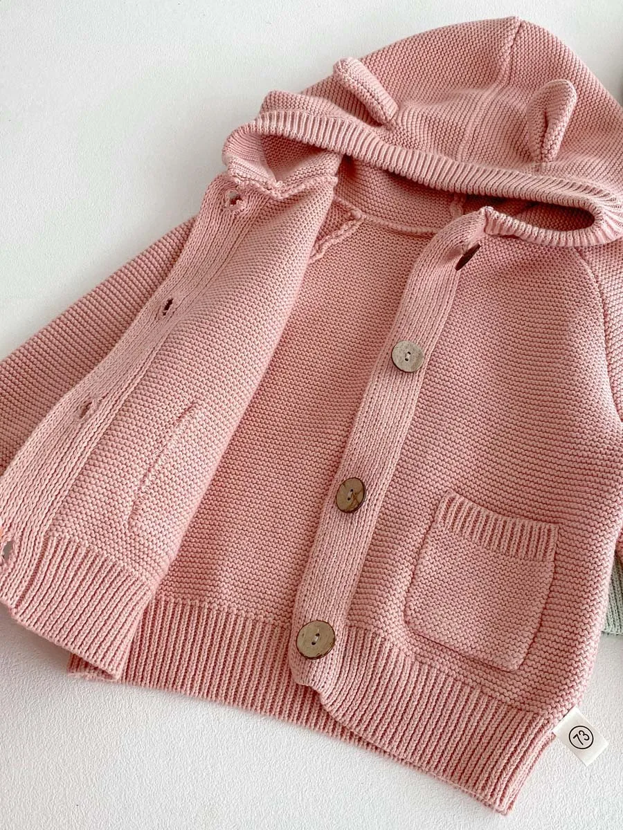 Autumn Spring New in Kids Baby Girls Boys Casual Clothing , Infant Toddler Hooded Solid Color Knitted Top Outwear Coat