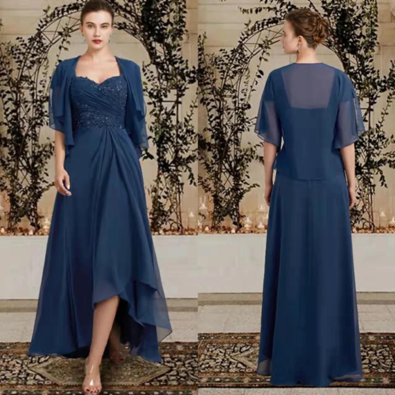 

Elegant Short Lace Mother of the Bride Dress Wrap Included Asymmetrical Tea Length Chiffon Mother of the Groom Dress for Women