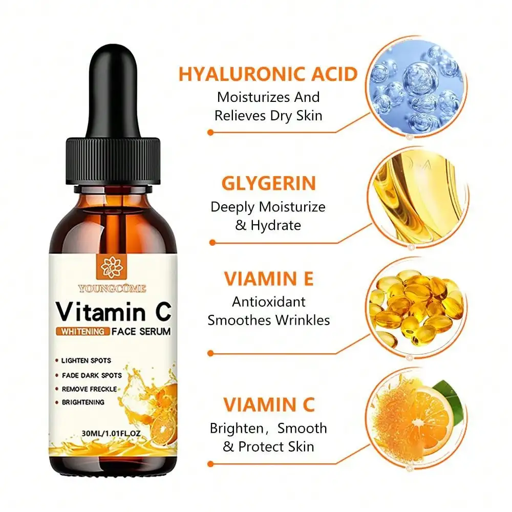 Essence pour le visage à la vitamine C Contient de l'acide hyaluronique Éliminateur de taches brunes Essence hydratante réparatrice anti-âge Soin de la peau du visage 30 ml_voghion.com