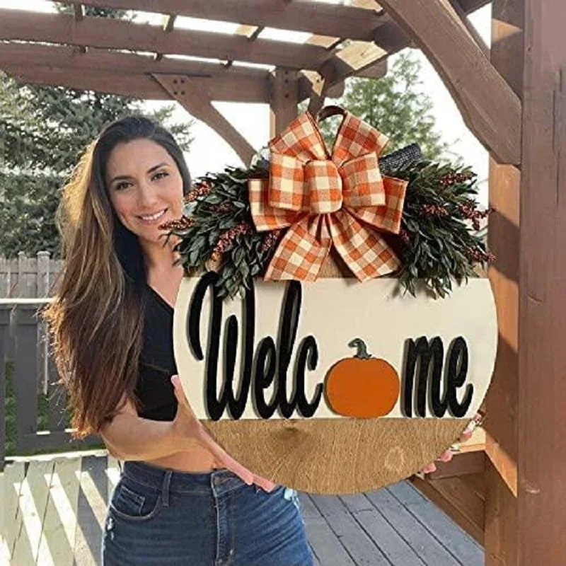 

Halloween Door Sign Welcome Wreath Signs Plaque Pumpkin Hanging Front Wood Wall Decor Wooden Party Rustic Decoration Fall House