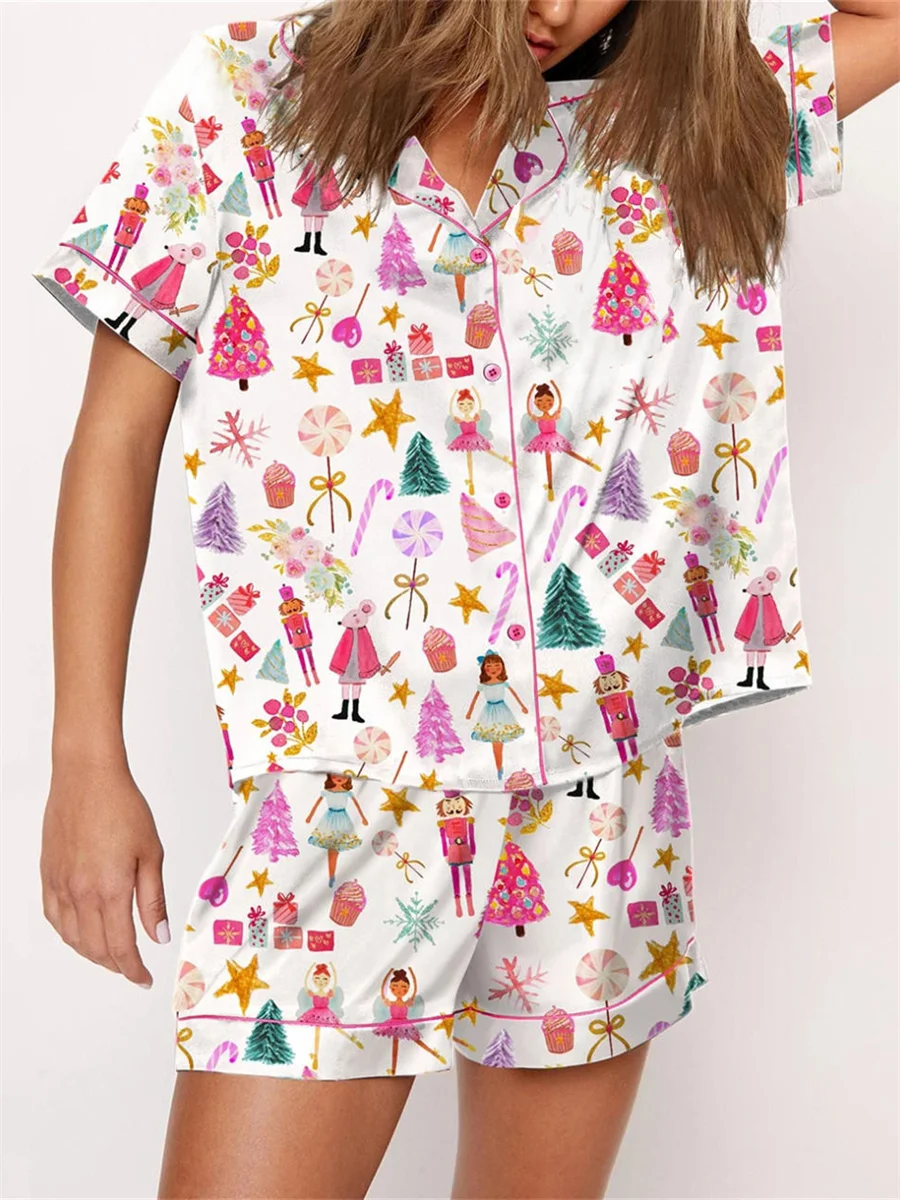 Women Halloween Print Satin Pajama Set Short Sleeve Button Closure Top with Shorts 2 Pieces Sleepwear Loungewear