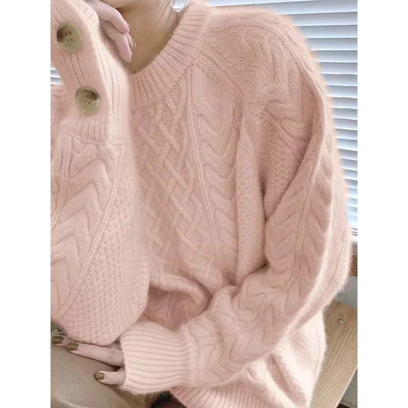 

French Vintage Women Round Collar Knitted Pink Sweater New Oversized Autumn Winter Twisted Thick Warm Long Sleeve Loose Pullover