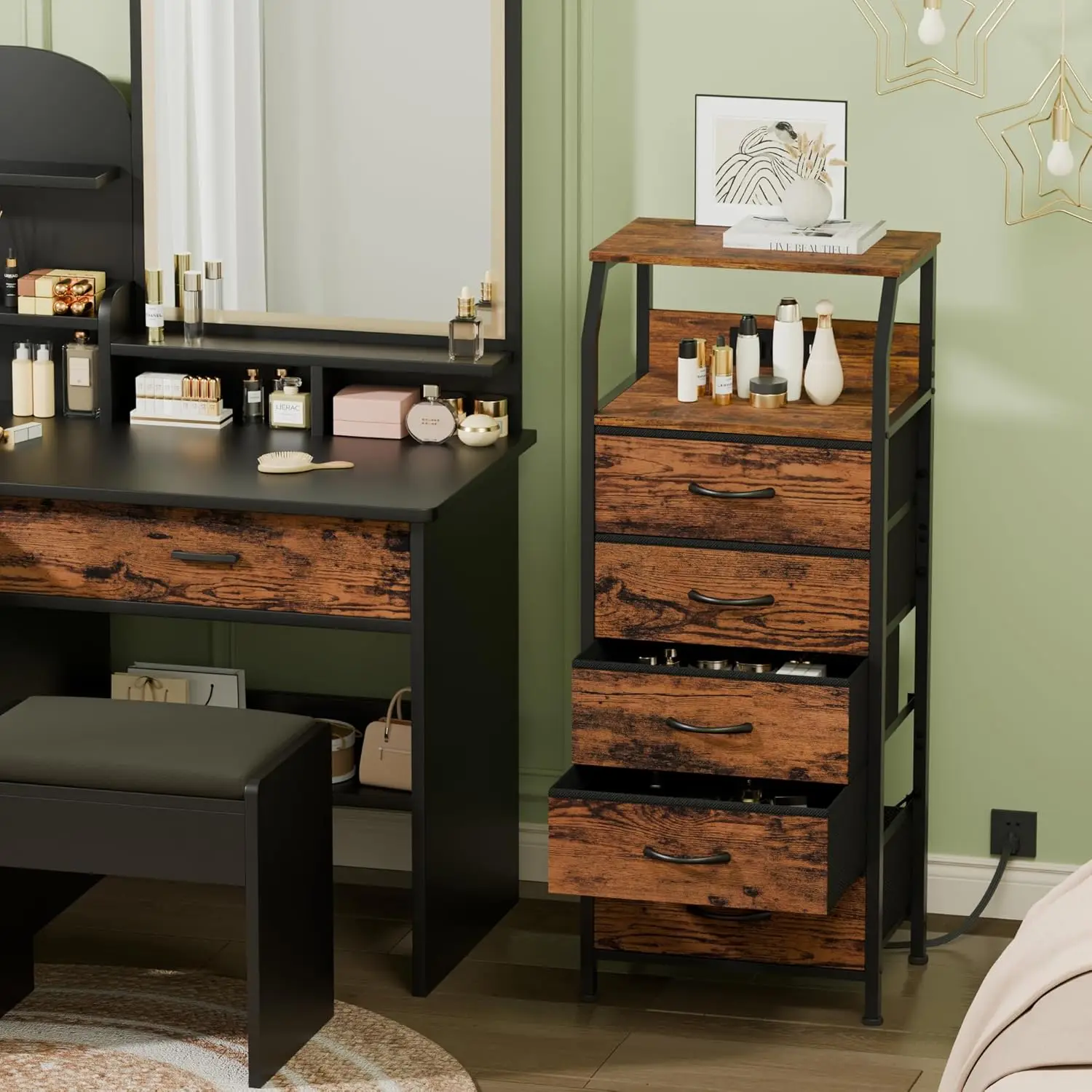 5-Drawer Dresser. Charging Station. Tall Nightstand with Shelf. Fabric Drawers. Rustic Brown. 3 Ways to Use.