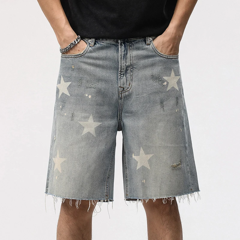 Summer Vintage Denim Shorts, Men's Retro Washed Knee Length Pants, High Street Thin Star Print Shorts
