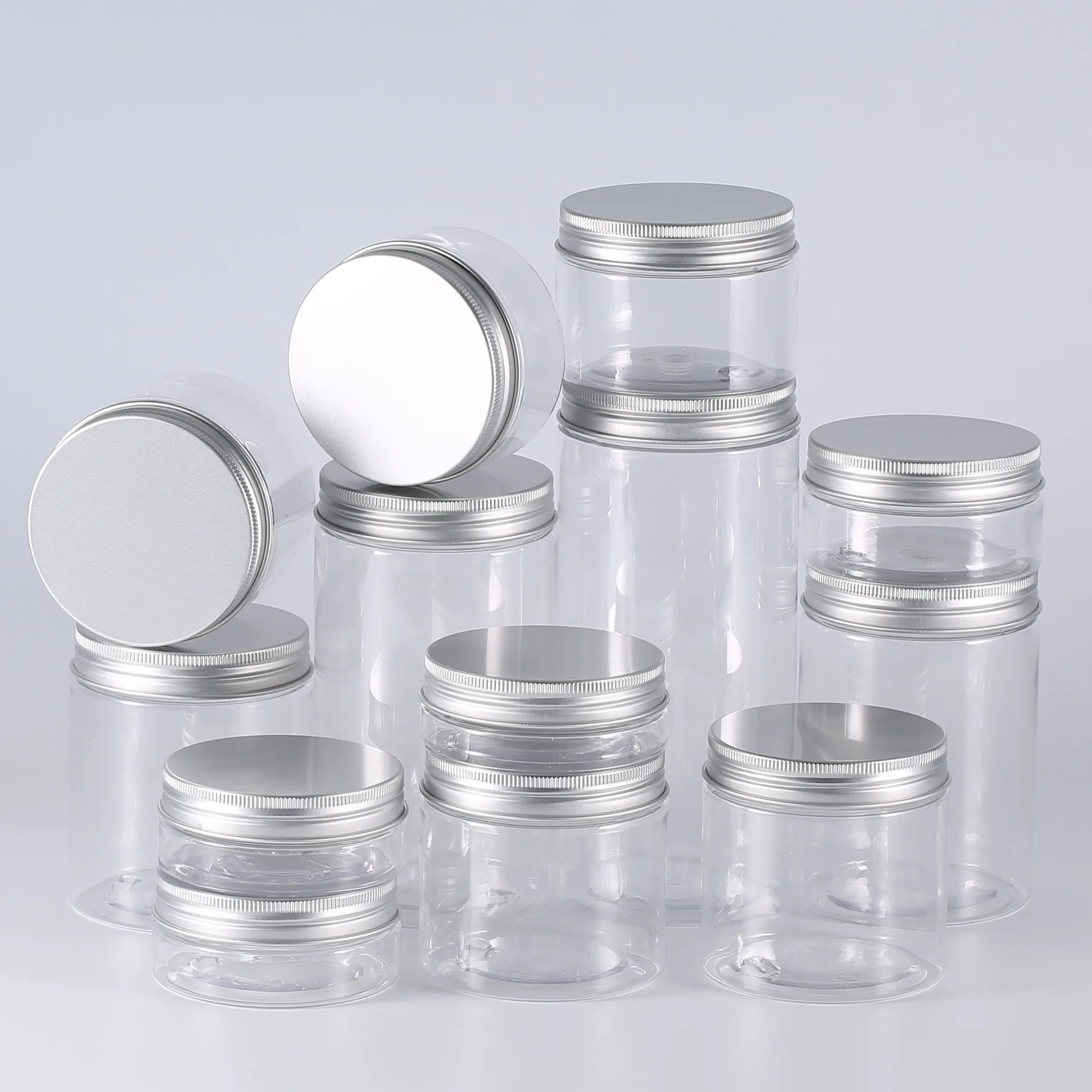 

10PCS 50ml-250ml Aluminum Container Canister Transparent Travel Bottle Pot Lip Balm Cap Round Wide Mouth Plastic Storage Jars