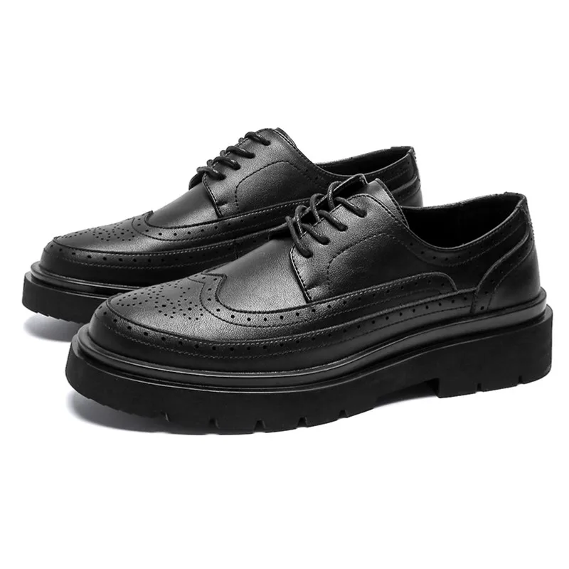 

Fashion Genuine Leather Mens Dress Brogue Shoes Elegant Casual Platform Walking Work Footwear Low Round Toe Derby Formal Shoes