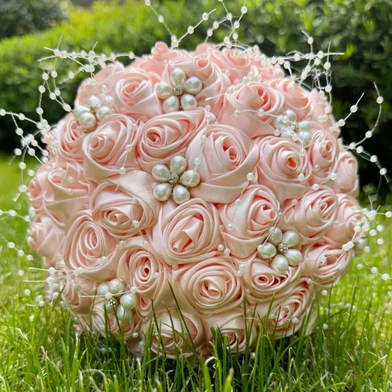 Wedding Bouquets 1pc Silk Rose Wedding Bouquet for Bride Bridesmaid Pearl Ribbon Valentine's Day Party Church Decoration