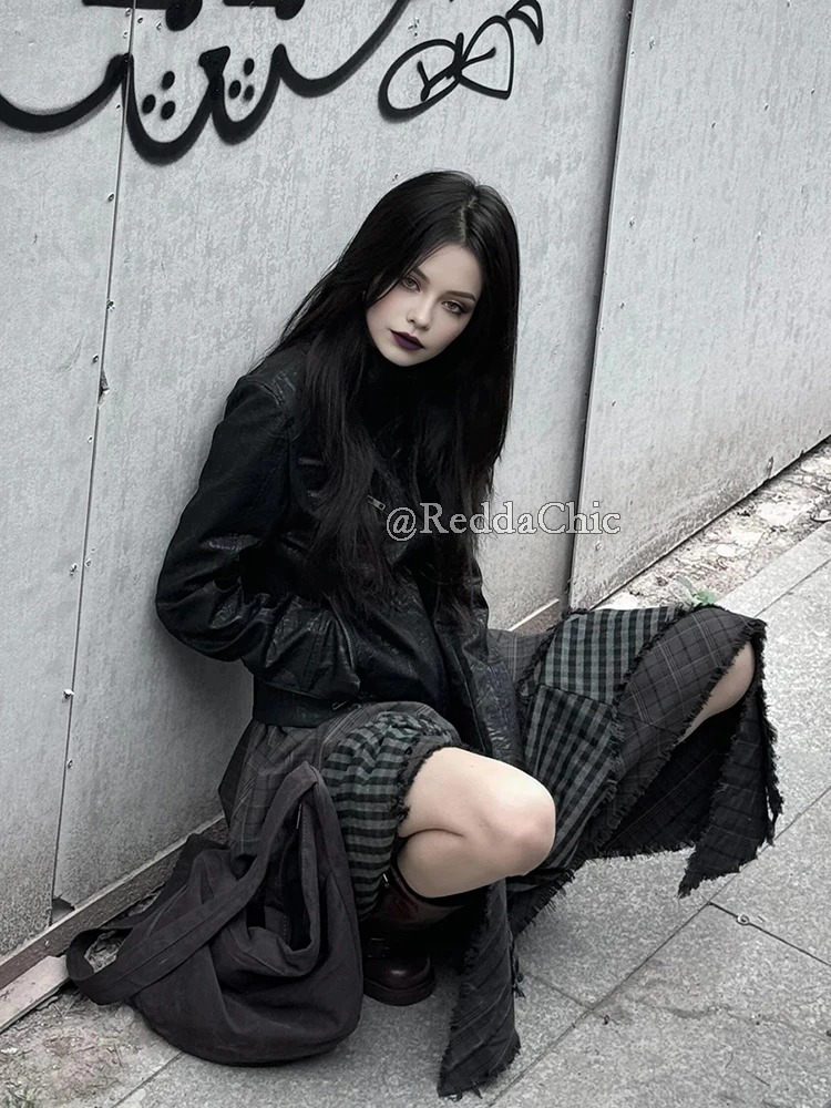 ReddaChic Alt Goth Contrast Plaid Skirt Grunge Retro Elastic Waist Raw Edge Irregular Ruffle Long Skirt Plus Size Women Clothes