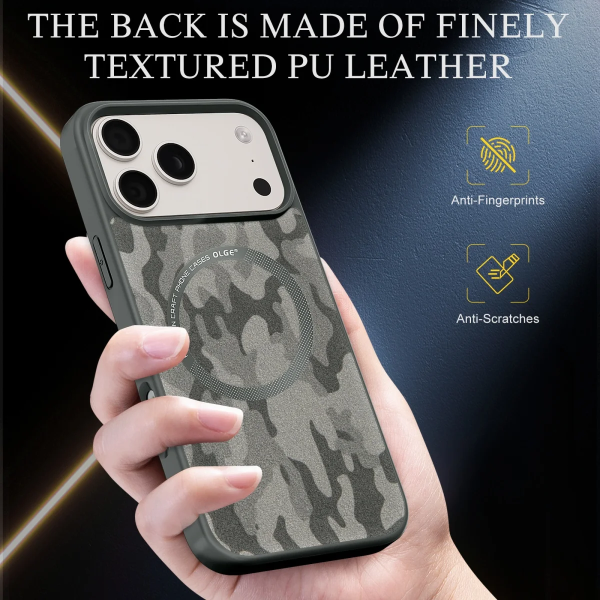 Camouflage Sheepskin Leather Magnetic Phone Case with MagSafe Compatibility