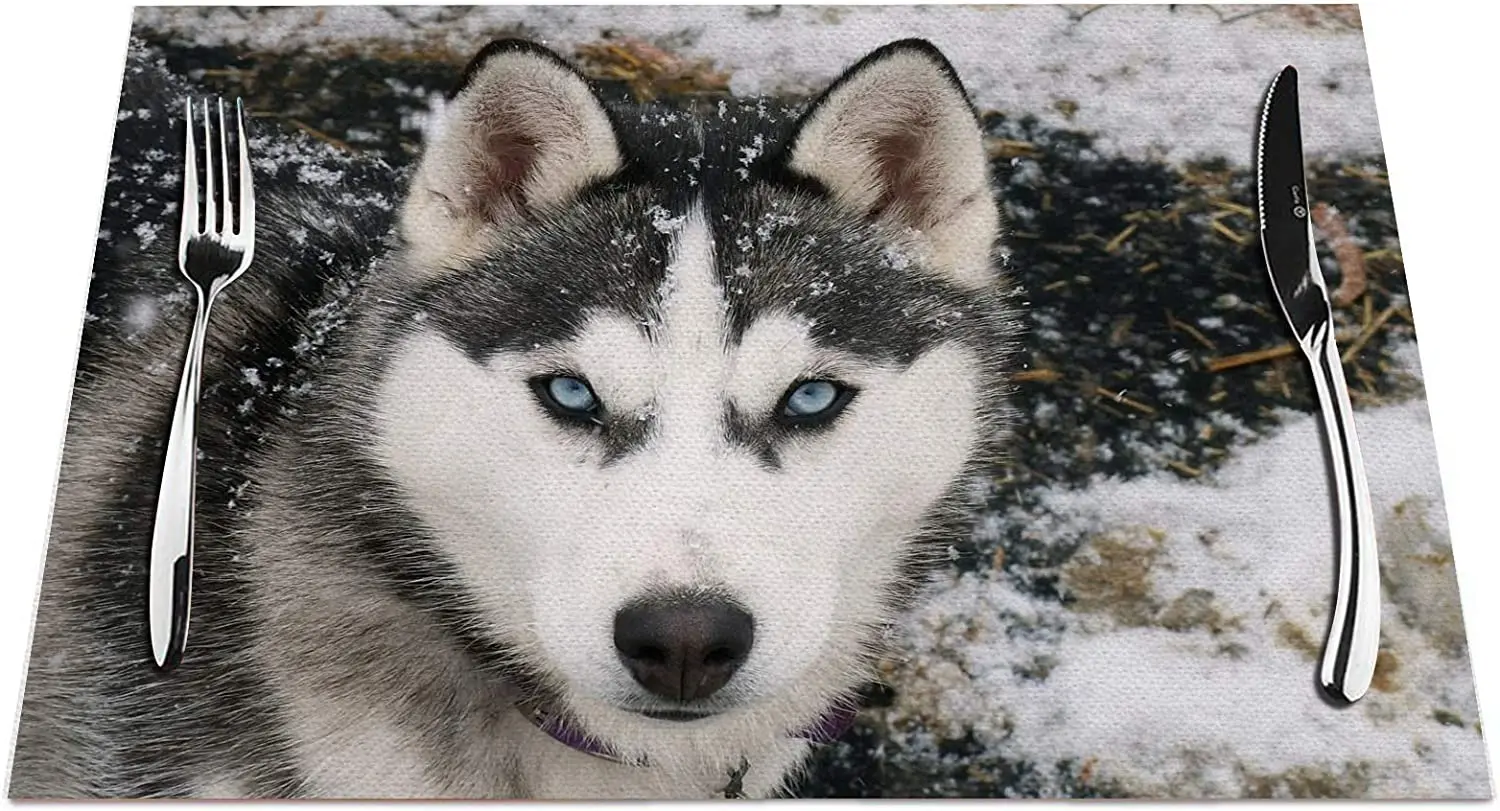 

Husky Placemats Set of 4, Siberian Husky Dog with Snow Placemats Heat Resistant for Dining Table Non-Slip 18x12 Inches