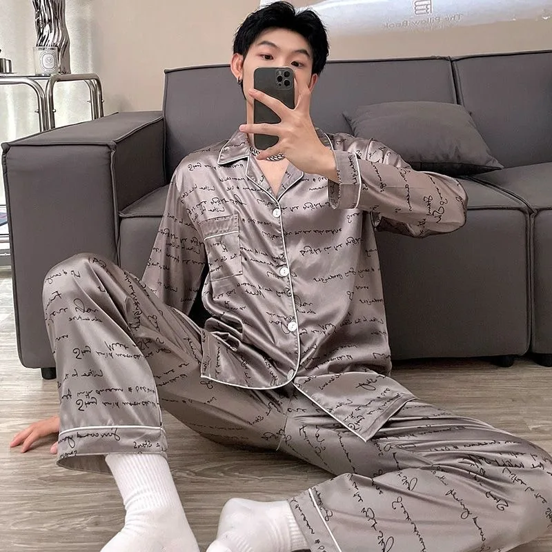 

Pajamas Men's Spring Autumn Silk Long Sleeved Pants Loungewear Simulated Silk V-neck Loose Homewear Thin Ice Silk Sleepwear Set