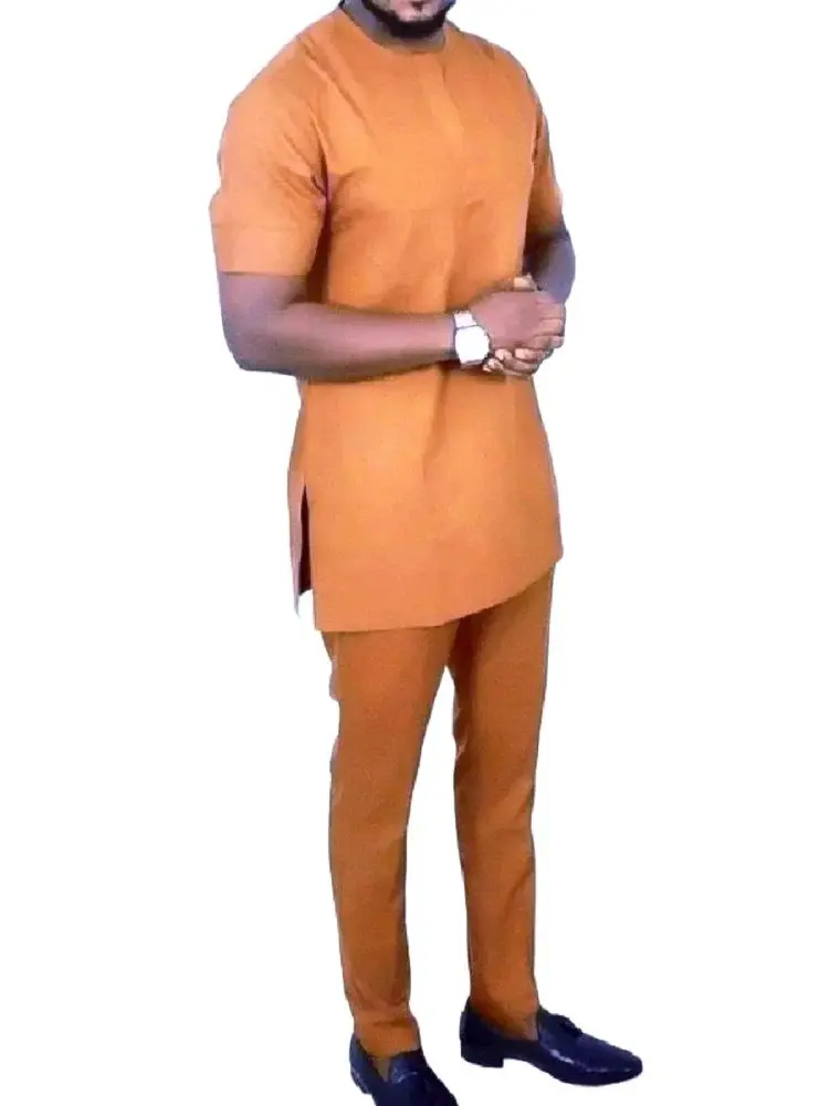 Nigerian Shirts With Trousers Solid Brown Yellow Pant Set Senator Style Male Groom Suits Party Outfit Africa Clothing