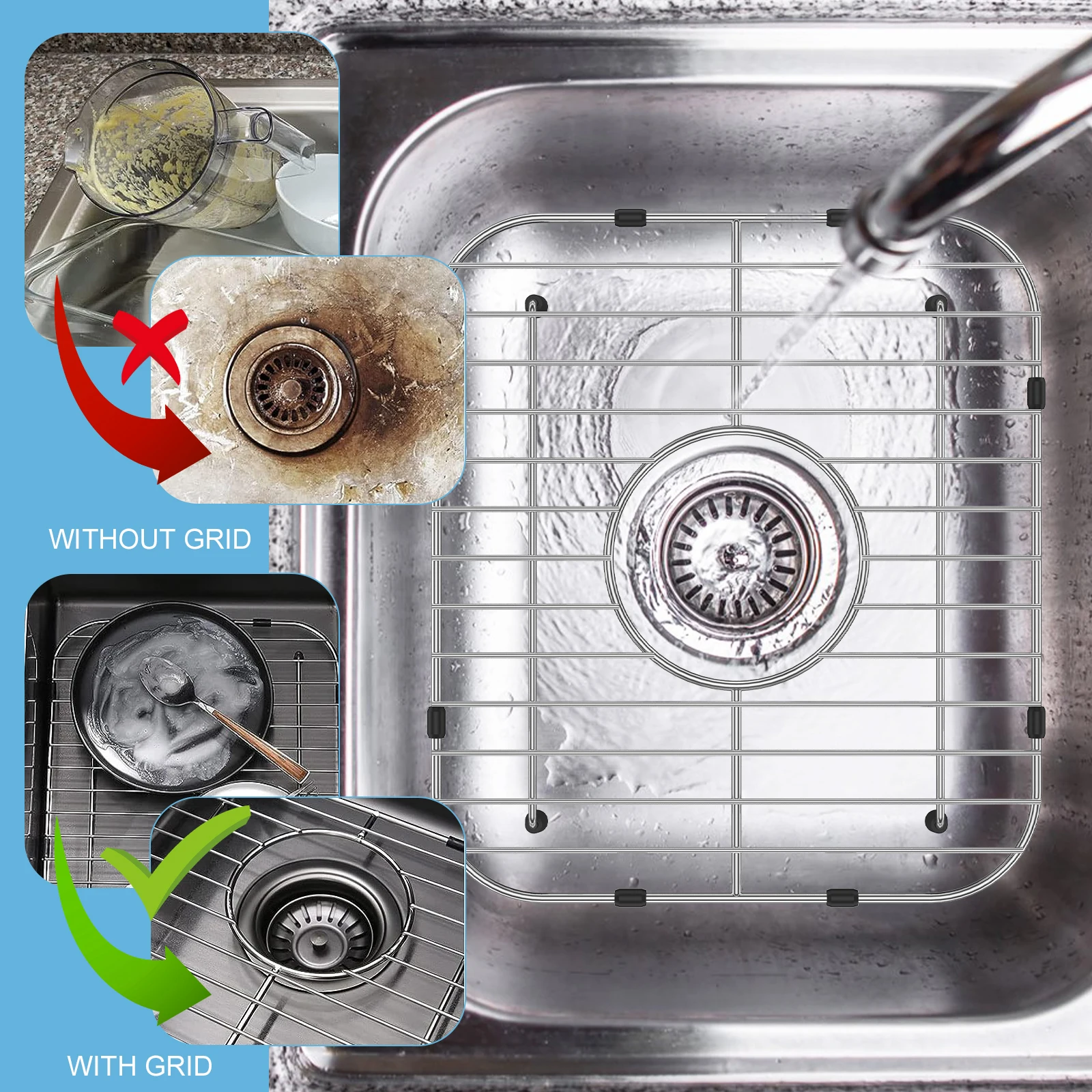 2pcs Sink Grid Sink Bottom Protectors Drain Rack Fruit Vegetable Rack Stainless Steel Dish Stand for Dishware Drainage