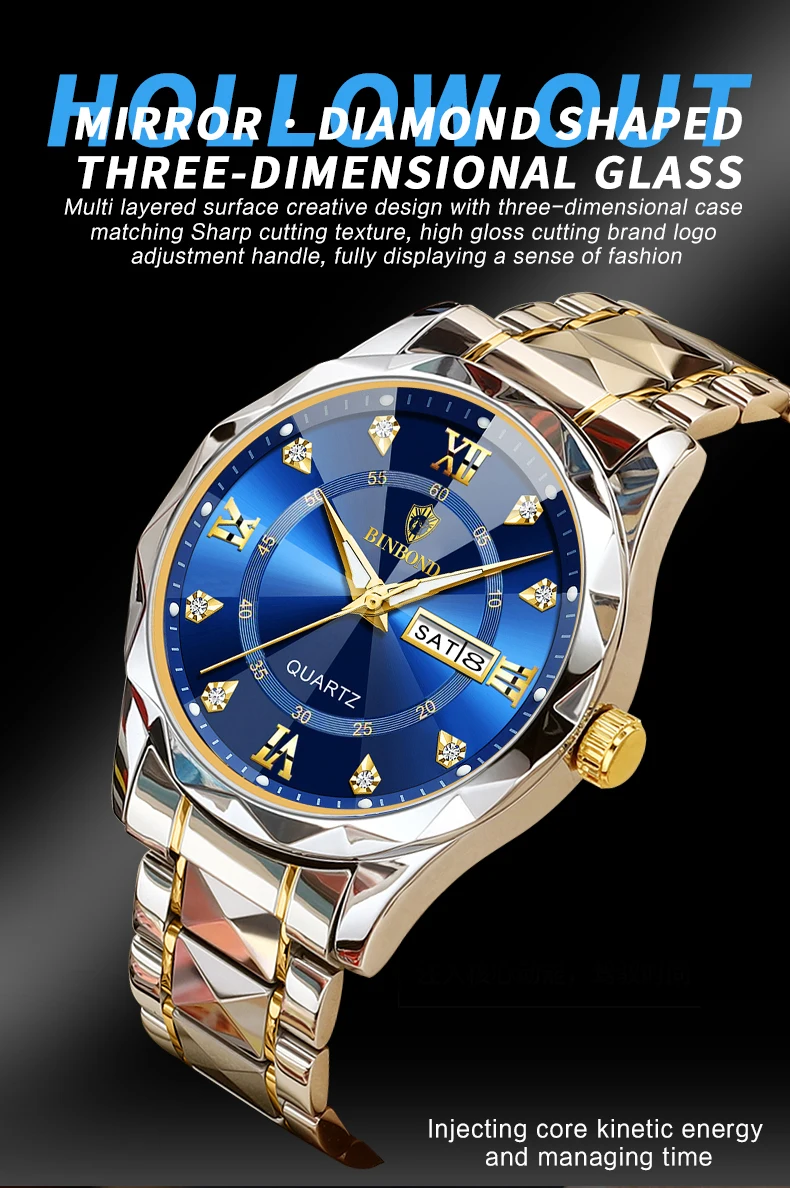 BINBOND Gold Diamond Cut Stylish Watch