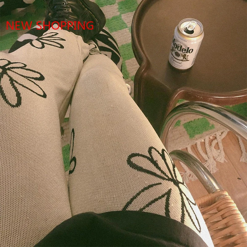 Vintage Floral Print Knitted Pants Y2K Women 2000s Aesthetic Straight Trousers Korean 90s Retro Pants 2024 Streetwear Harajuku