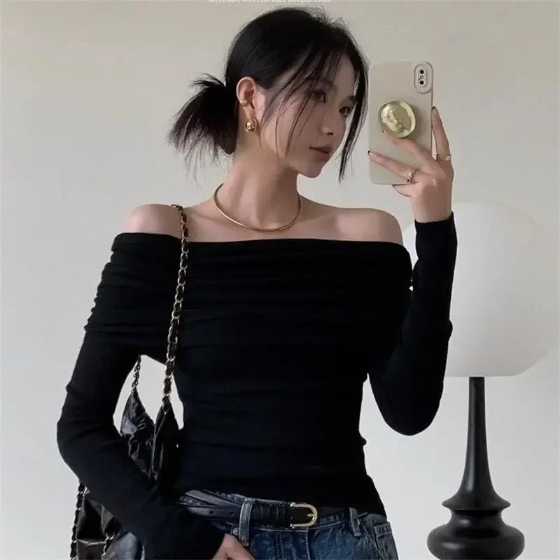 Camisetas con hombros descubiertos para mujer, camisetas casuales de manga larga lisas, tops cortos, ropa de calle, ropa de club, suéteres sexys con cuello torcido y cálidos