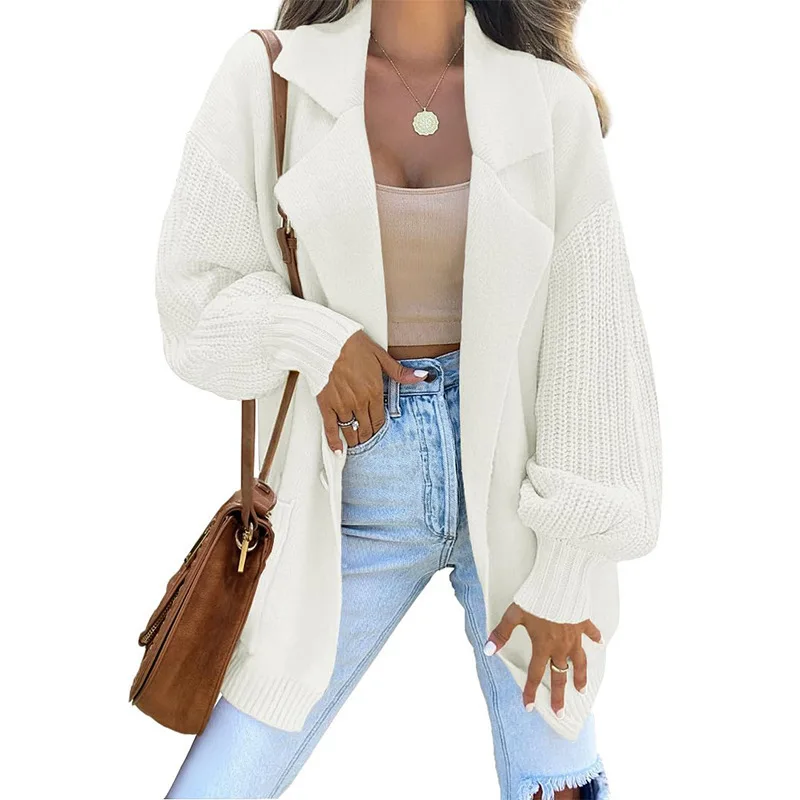 

2023 Autumn Winter New Women's Sweater Pocket Cardigan Solid Color Suit Collar Long Sleeve Knitted Coat