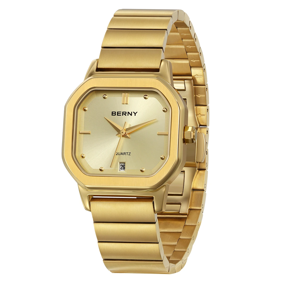 

BERNY Watches for Men Golden Full Stainless Steel Gold Square Quartz Man Watch Classic Men's Stylish Waterproof Wristwatch