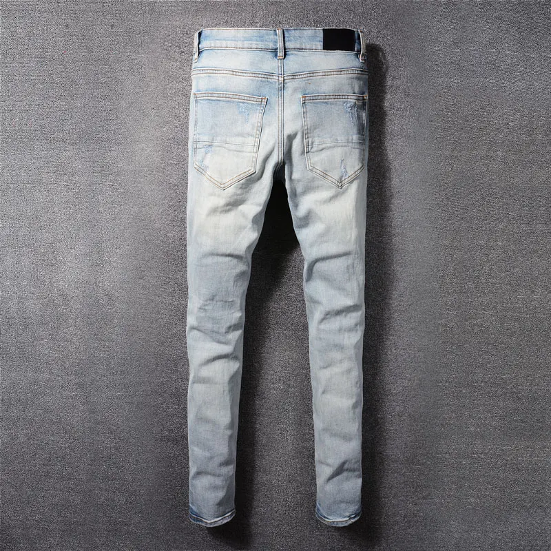 High Street Fashion Men's Jeans Elastic Retro Tight Split Light Blue Jeans Men's Patch Panel Designer Hip Hop Brand Pants hombre