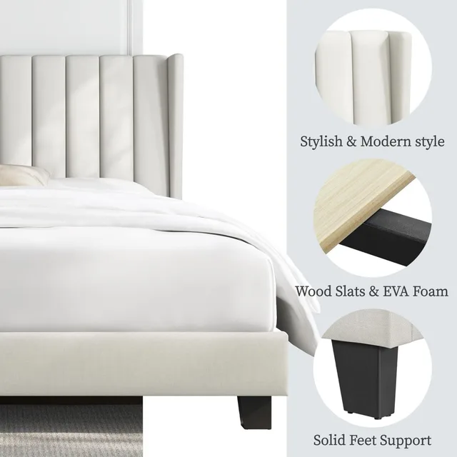 Queen Size Bed Frame with Fabric Headboard, Wing Edge Design 5