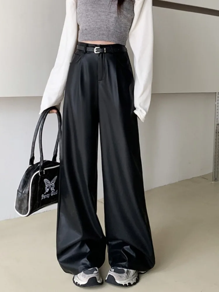 

High end black PU leather pants casual pants for women's autumn and winter 2023 new high waisted loose wide leg pants straight